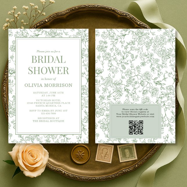 Sage Green French Toile QR Code Bridal Shower Einladung (Von Creator hochgeladen)