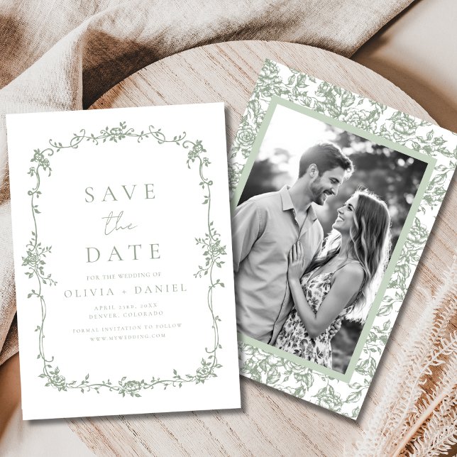 Sage Green French Viktorianisch Floral Foto Hochze Save The Date (Von Creator hochgeladen)