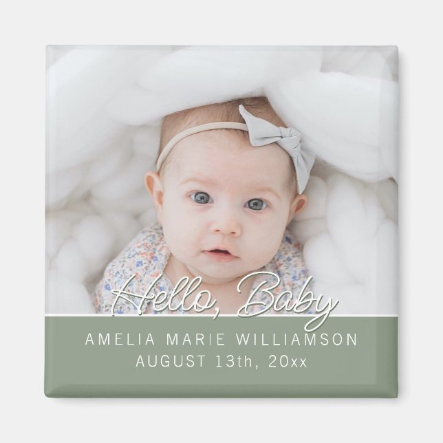 Sage Green Fun Script Hallo Baby Magnet (Vorne)