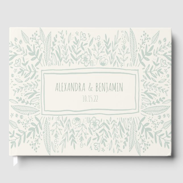 Sage Green Garden Floral Art Border Name Wedding Gästebuch (Vorderseite)