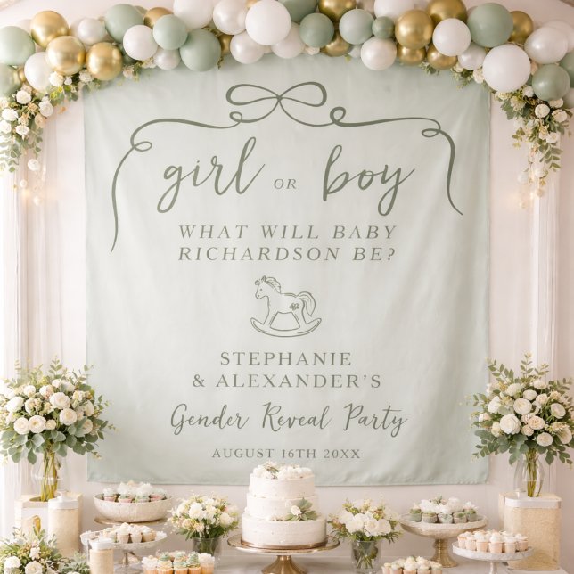 Sage Green Gender Reveal Fabric Welcome Sign Wandteppich (Von Creator hochgeladen)