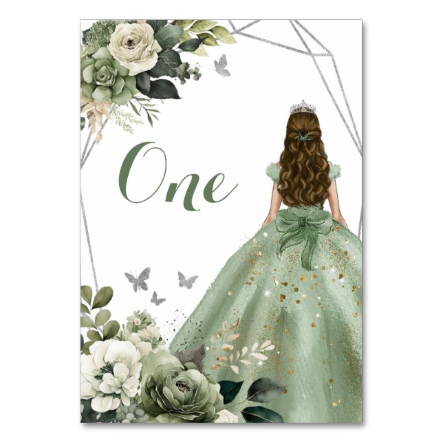 Sage Green Geometric Floral Princess XV Años Tischnummer (Vorderseite)