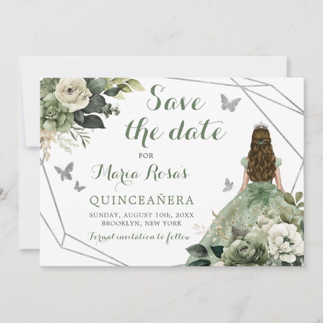 Sage Green Geometric Princess Quinceañera Floral Einladung (Vorderseite)