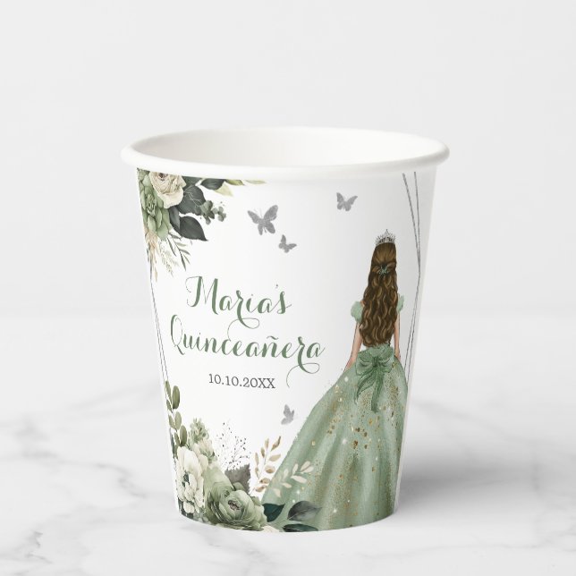 Sage Green Geometric Princess XV Quinceañera Pappbecher (Vorderseite)