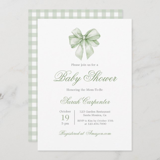 Sage Green Gingham and Bow Baby Shower Einladung (Vorne/Hinten)