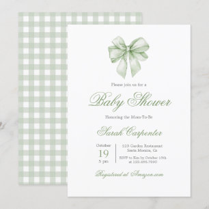 Sage Green Gingham and Bow Baby Shower Einladung