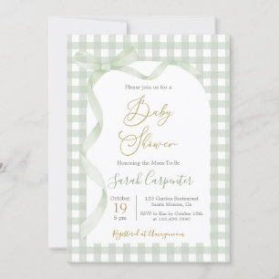 Sage Green Gingham and Bow Baby Shower Einladung