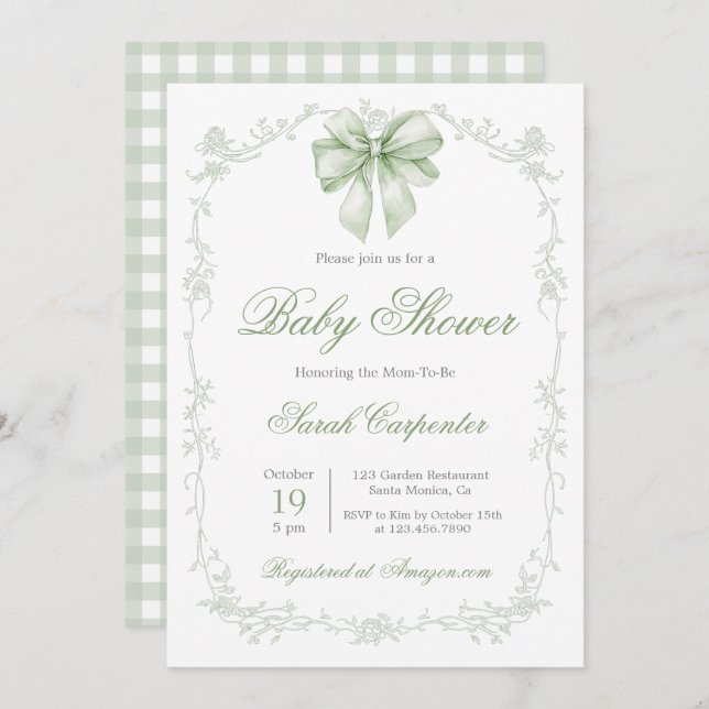 Sage Green Gingham and Bow Baby Shower Einladung (Vorne/Hinten)