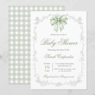 Sage Green Gingham and Bow Baby Shower Einladung