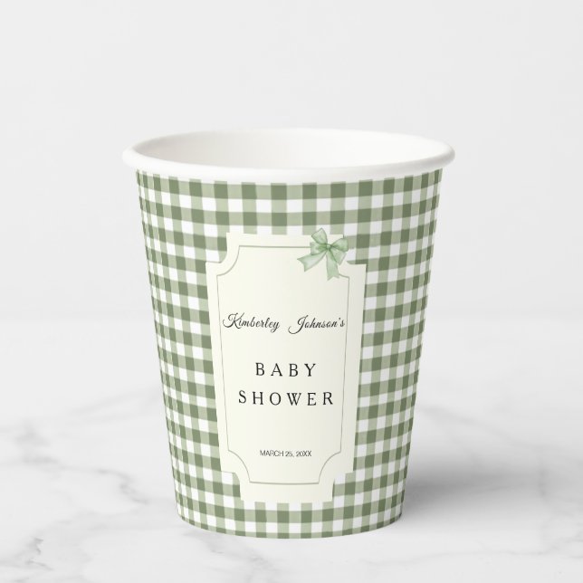 Sage Green Gingham and BowBaby Shower Pappbecher (Vorderseite)
