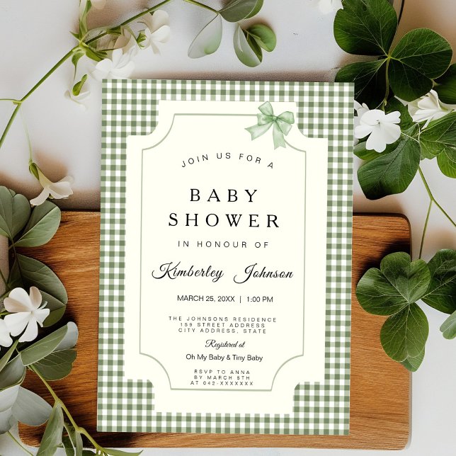 Sage Green Gingham Baby Dusche Einladung mit Bow (Von Creator hochgeladen)