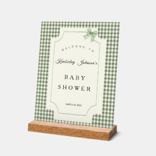 Sage Green Gingham Baby Dusche Einladung mit Bow Acrylschild