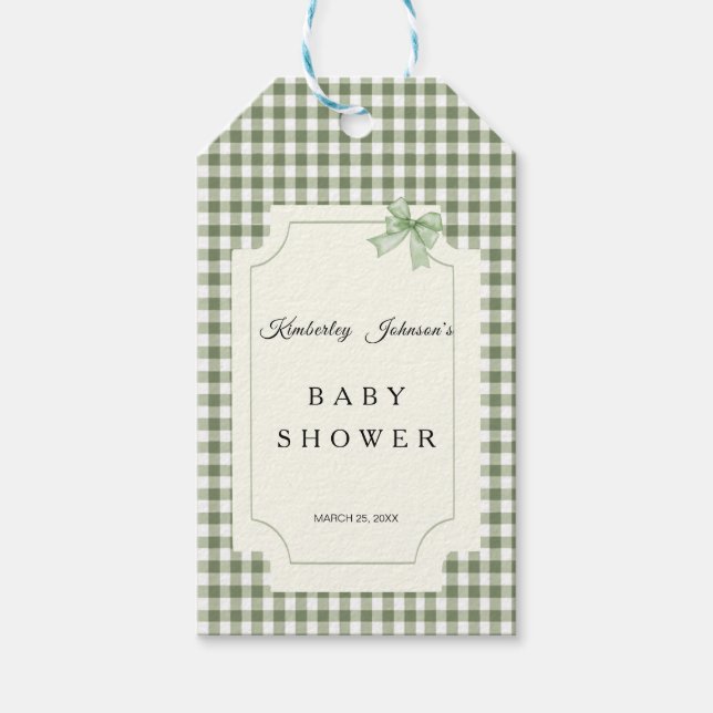 Sage Green Gingham Baby Dusche Einladung mit Bow Geschenkanhänger (Vorderseite)
