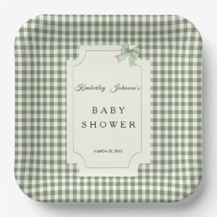 Sage Green Gingham Baby Dusche Einladung mit Bow Pappteller