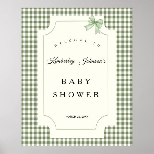 Sage Green Gingham Baby Dusche Einladung mit Bow Poster (Vorne)