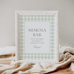 Sage Green Gingham Baby Dusche Mimosa Bar Sign Poster