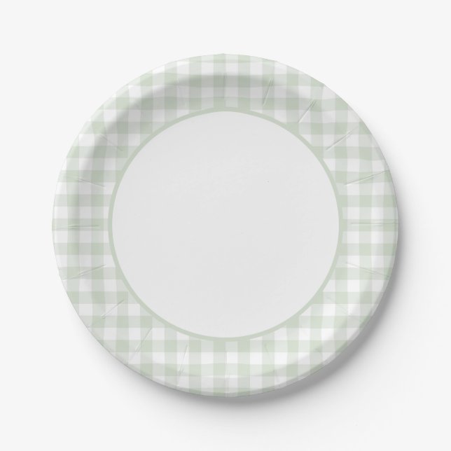 Sage Green Gingham Baby Dusche Pappteller (Vorderseite)