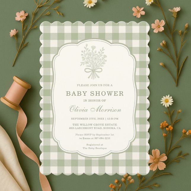 Sage Green Gingham Baby Shower Einladung (Von Creator hochgeladen)
