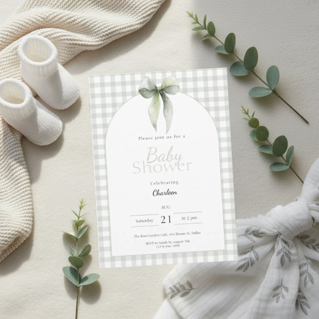 Sage Green Gingham Baby Shower Invitation Einladung (Baby shower invitation on soft beige blanket with eucalyptus, booties and muslin cloth)