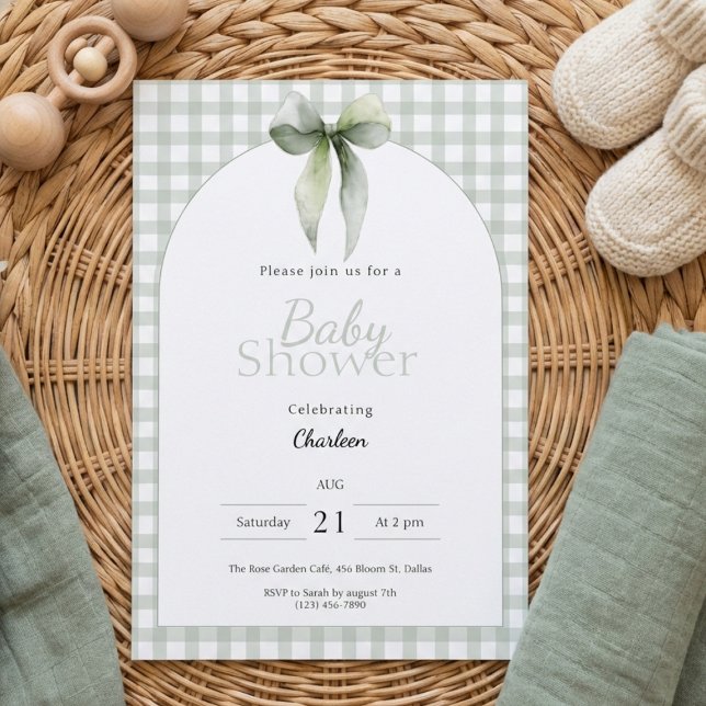 Sage Green Gingham Baby Shower Invitation Einladung (Gingham sage green baby shower invitation with bow detail on cozy neutral flatlay)