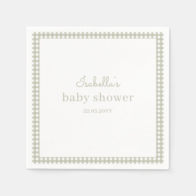 Sage Green Gingham Baby Shower Serviette (Vorderseite)