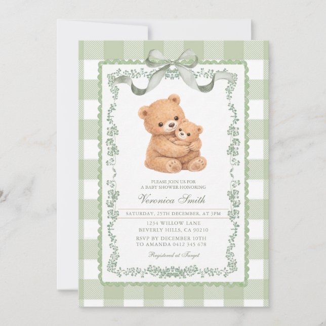 Sage Green Gingham Bear Mom & Baby  Einladung (Vorderseite)