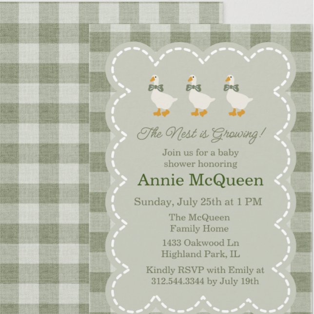 Sage Green Gingham Buffalo Check Goose Baby Shower Einladung (Von Creator hochgeladen)