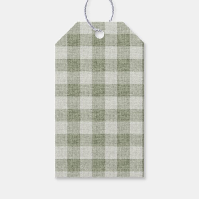 Sage Green Gingham Buffalo Check Linen Texture Geschenkanhänger (Vorderseite)