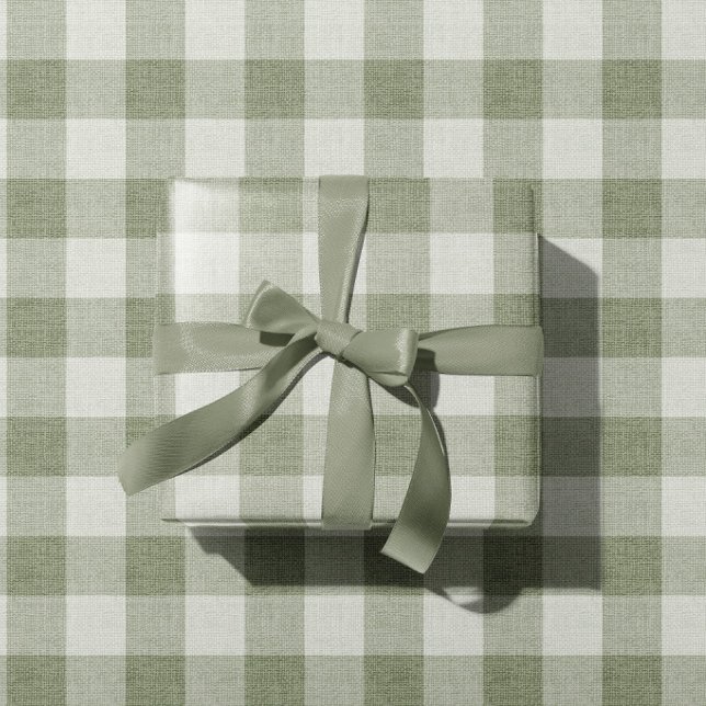 Sage Green Gingham Buffalo Check Linen Texture Geschenkpapier (Von Creator hochgeladen)