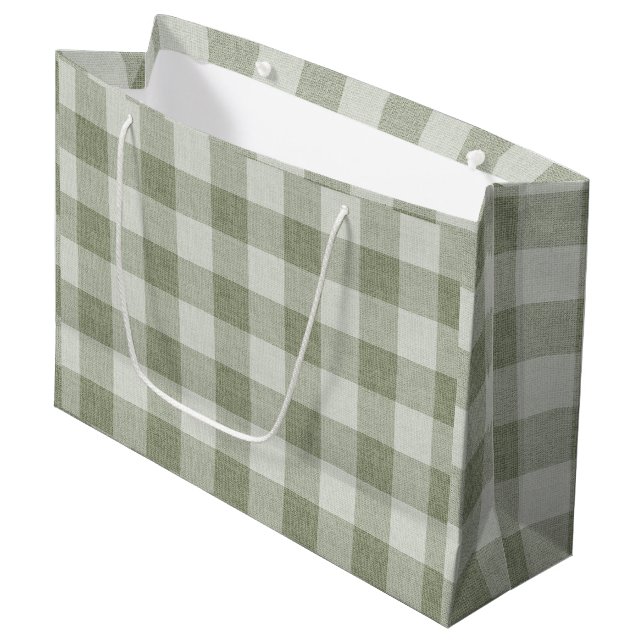 Sage Green Gingham Buffalo Check Linen Texture Große Geschenktüte (Vorderseite Schrägansicht)