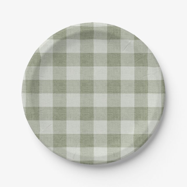 Sage Green Gingham Buffalo Check Linen Texture  Pappteller (Vorderseite)