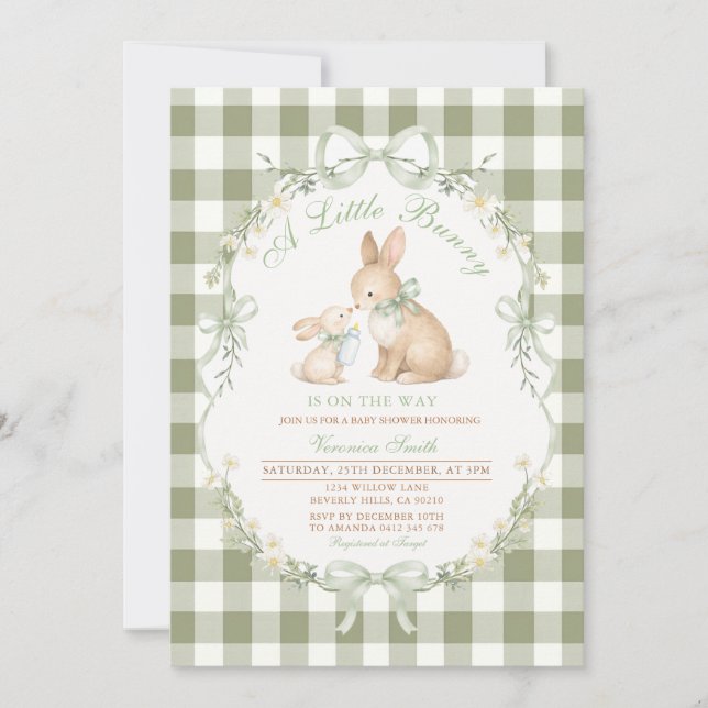 Sage Green Gingham Bunny Neutral Baby Shower  Einladung (Vorderseite)