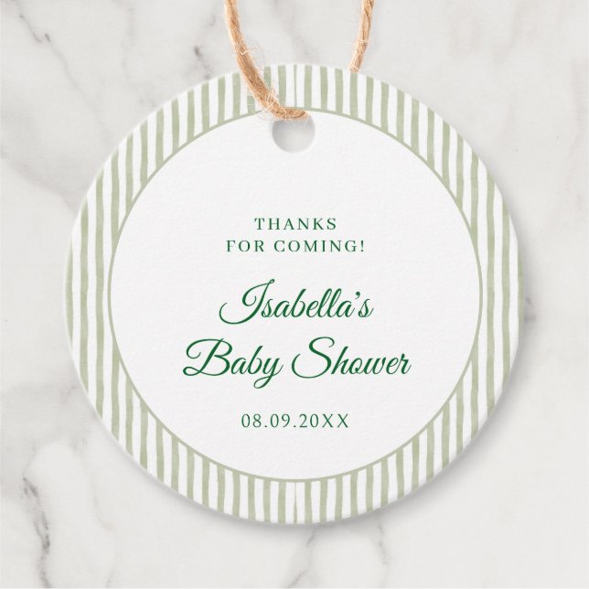 Sage Green Gingham Classic Elegant Baby Shower Geschenkanhänger (Vorderseite)