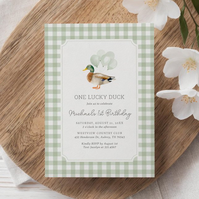 Sage Green Gingham Duck 1. Geburtstag Einladung (Von Creator hochgeladen)