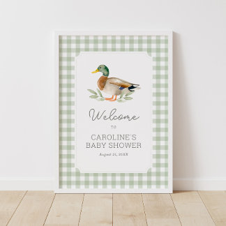 Sage Green Gingham Duck Baby Duck Begrüßungszeiche Poster