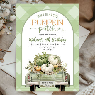Sage Green Gingham Fall Pumpkin Patch Geburtstag Einladung