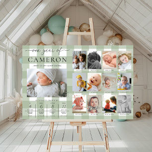 Sage Green Gingham First Birthday Foto Milestone Poster