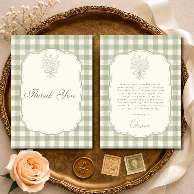 Sage Green Gingham Floral Bow Baby Shower Dankeskarte (Von Creator hochgeladen)