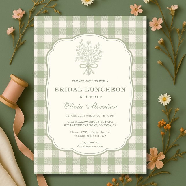 Sage Green Gingham Floral Bow Bridal Luncheon Einladung (Von Creator hochgeladen)