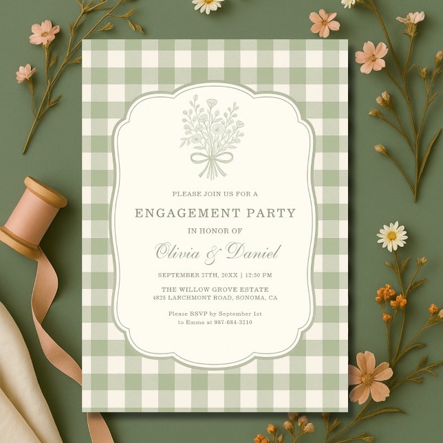 Sage Green Gingham Floral Engagement Party Einladung (Von Creator hochgeladen)