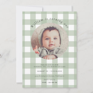Sage Green Gingham Foto Birthday Einladung