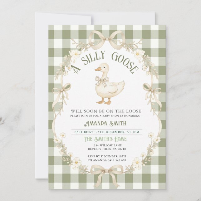 Sage Green Gingham Goose Baby Shower Invitation Einladung (Vorderseite)