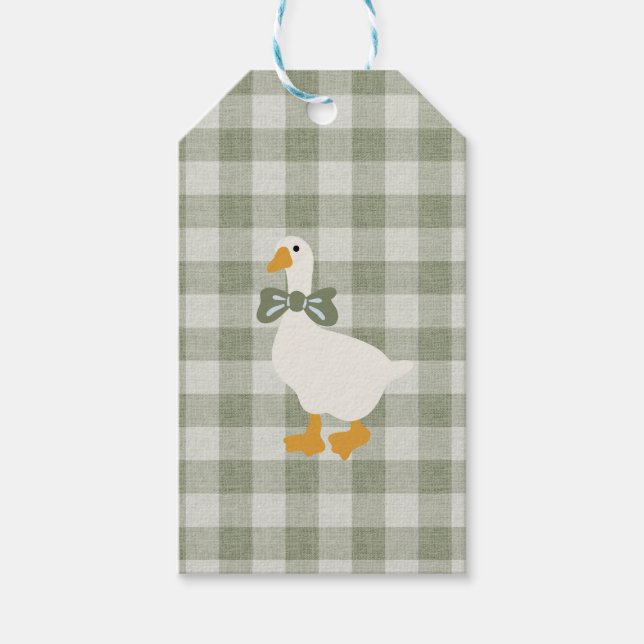 Sage Green Gingham Goose Buffalo Check Baby Geschenkanhänger (Vorderseite)