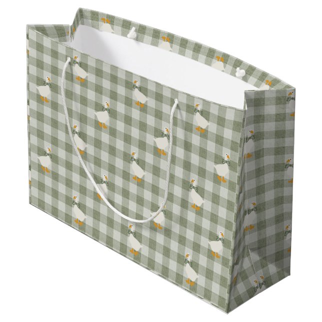 Sage Green Gingham Goose Buffalo Check Baby Shower Große Geschenktüte (Rückseite Schrägansicht)