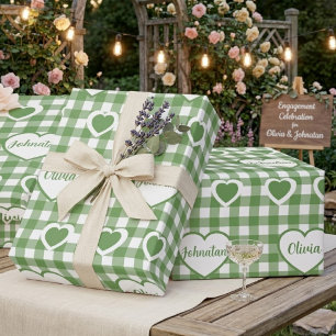 Sage Green Gingham-Herzen Benutzerdefinierte Paarn Geschenkpapier