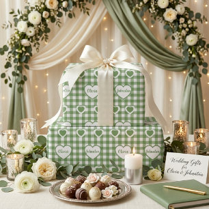 Sage Green Gingham-Herzen Benutzerdefinierte Paarn Geschenkpapier