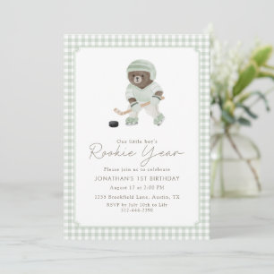 Sage Green Gingham Hockey Rookie-Jahr-Teddybär Einladung