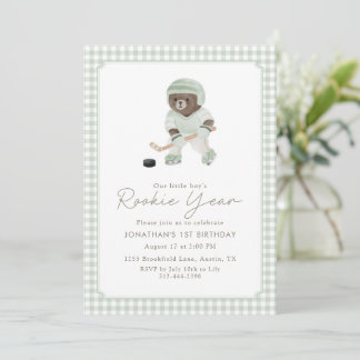 Sage Green Gingham Hockey Rookie-Jahr-Teddybär  Einladung