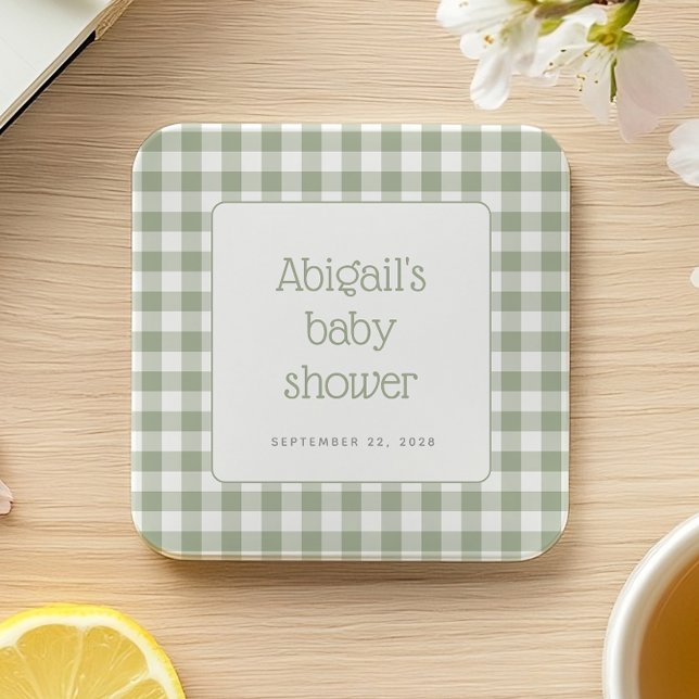 Sage Green Gingham Karo Rustic Baby Dusche Rechteckiger Pappuntersetzer (Von Creator hochgeladen)