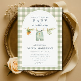 Sage Green Gingham Locally Grown Baby Shower Einladung
